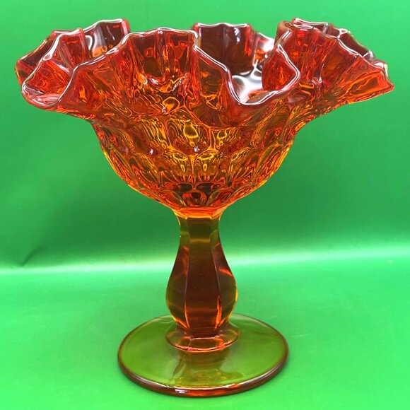 Fenton Amberina Ruffled Crimped Thumbprint Pedestal Candy Dish Compote VTG MCM - Picture 1 of 13